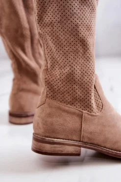 Damskie Zamszowe Kozaki Ażurowe Beżowe Thessie