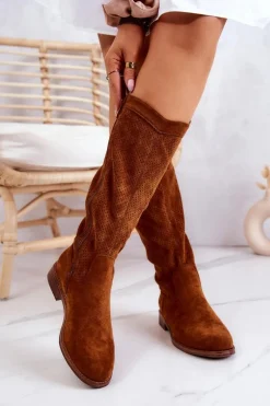 Damskie Zamszowe Kozaki Ażurowe Camel Thessie