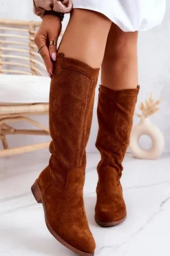 Damskie Zamszowe Kozaki Ażurowe Camel Thessie