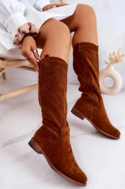 Damskie Zamszowe Kozaki Ażurowe Camel Thessie