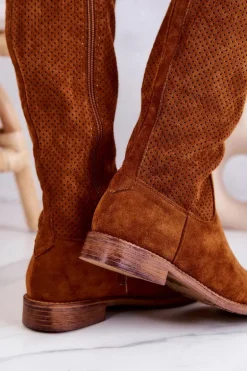 Damskie Zamszowe Kozaki Ażurowe Camel Thessie