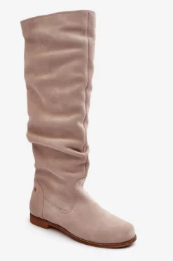 Damskie Zamszowe Kozaki Do Kolan Maciejka 05790-22 Jasnobeżowe