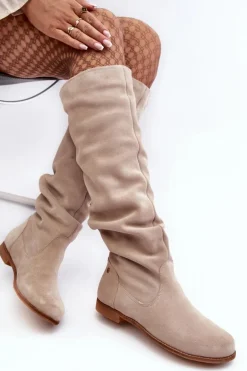 Damskie Zamszowe Kozaki Do Kolan Maciejka 05790-22 Jasnobeżowe