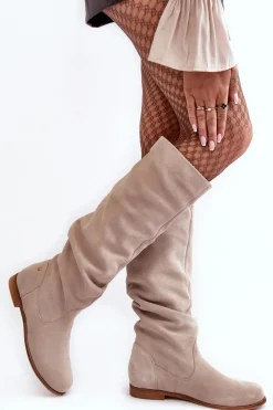 Damskie Zamszowe Kozaki Do Kolan Maciejka 05790-22 Jasnobeżowe