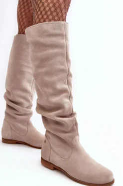 Damskie Zamszowe Kozaki Do Kolan Maciejka 05790-22 Jasnobeżowe