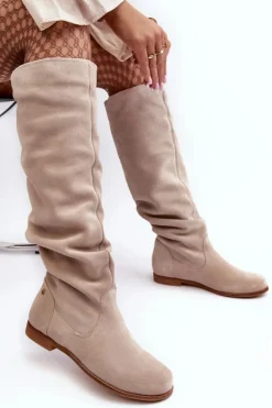 Damskie Zamszowe Kozaki Do Kolan Maciejka 05790-22 Jasnobeżowe