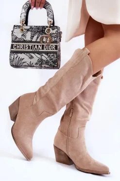 Damskie Zamszowe Kozaki Kowbojki Beżowe Alaina