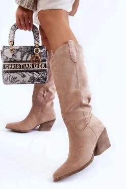 Damskie Zamszowe Kozaki Kowbojki Beżowe Alaina