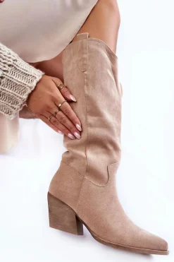 Damskie Zamszowe Kozaki Kowbojki Beżowe Alaina