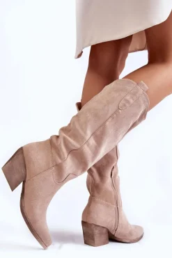 Damskie Zamszowe Kozaki Kowbojki Beżowe Alaina