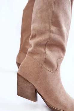 Damskie Zamszowe Kozaki Kowbojki Beżowe Alaina