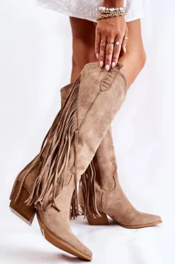 Damskie Zamszowe Kozaki Kowbojki Z Frędzlami Beżowe Simplo