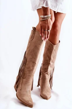 Damskie Zamszowe Kozaki Kowbojki Z Frędzlami Beżowe Simplo