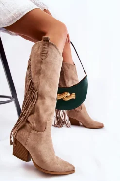Damskie Zamszowe Kozaki Kowbojki Z Frędzlami Beżowe Simplo