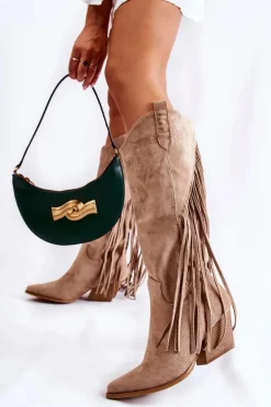 Damskie Zamszowe Kozaki Kowbojki Z Frędzlami Beżowe Simplo
