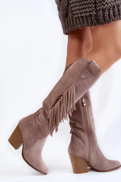 Damskie Zamszowe Kozaki Kowbojki Lewski 3094/F Szare