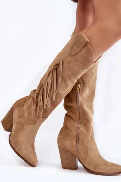 Damskie Zamszowe Kozaki Kowbojki Lewski 3094/F Ciemnobeżowe