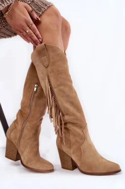 Damskie Zamszowe Kozaki Kowbojki Lewski 3094/F Ciemnobeżowe