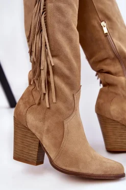 Damskie Zamszowe Kozaki Kowbojki Lewski 3094/F Ciemnobeżowe