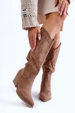 Damskie Zamszowe Kozaki Kowbojki Brązowe Alaina