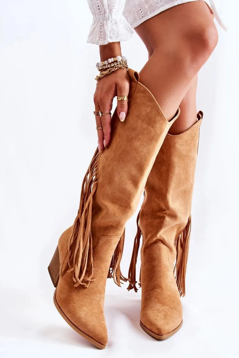 Damskie Zamszowe Kozaki Kowbojki Z Frędzlami Camel Simplo