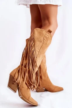 Damskie Zamszowe Kozaki Kowbojki Z Frędzlami Camel Simplo