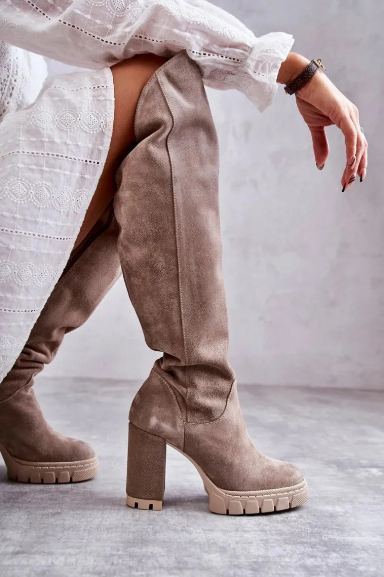 Damskie Zamszowe Kozaki Muszkieterki Beżowe Georgette