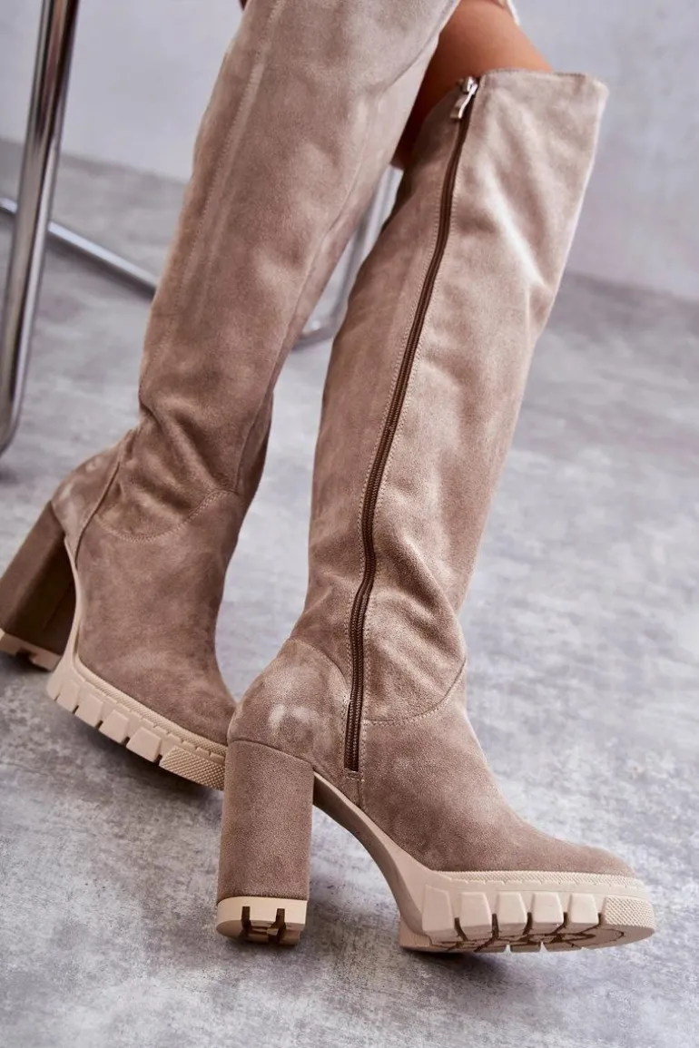 Damskie Zamszowe Kozaki Muszkieterki Beżowe Georgette