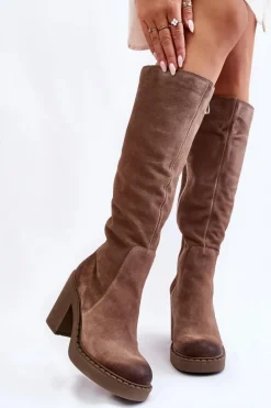 Damskie Zamszowe Kozaki Na Masywnym Słupku Jasnobrązowe Valeris