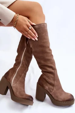 Damskie Zamszowe Kozaki Na Masywnym Słupku Jasnobrązowe Valeris