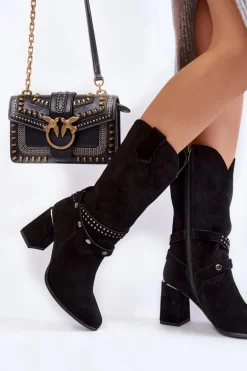 Damskie Zamszowe Kozaki Na Obcasie Lewski Shoes 2934/B Czarne