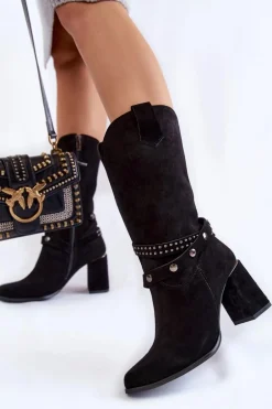 Damskie Zamszowe Kozaki Na Obcasie Lewski Shoes 2934/B Czarne