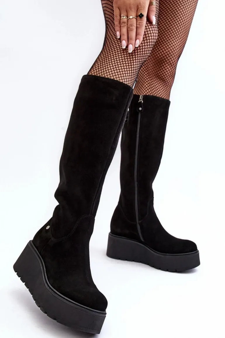Damskie Zamszowe Kozaki Na Koturnie Maciejka 05767-01 Czarne