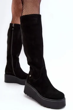 Damskie Zamszowe Kozaki Na Koturnie Maciejka 05767-01 Czarne