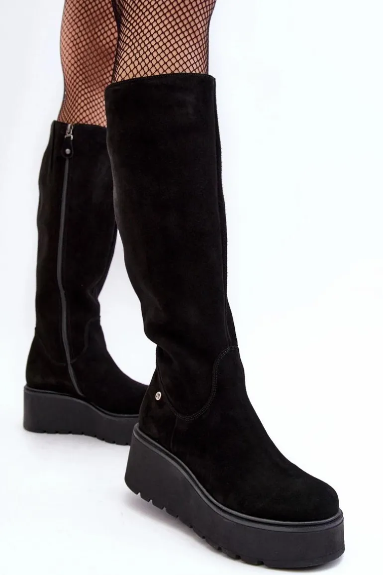 Damskie Zamszowe Kozaki Na Koturnie Maciejka 05767-01 Czarne