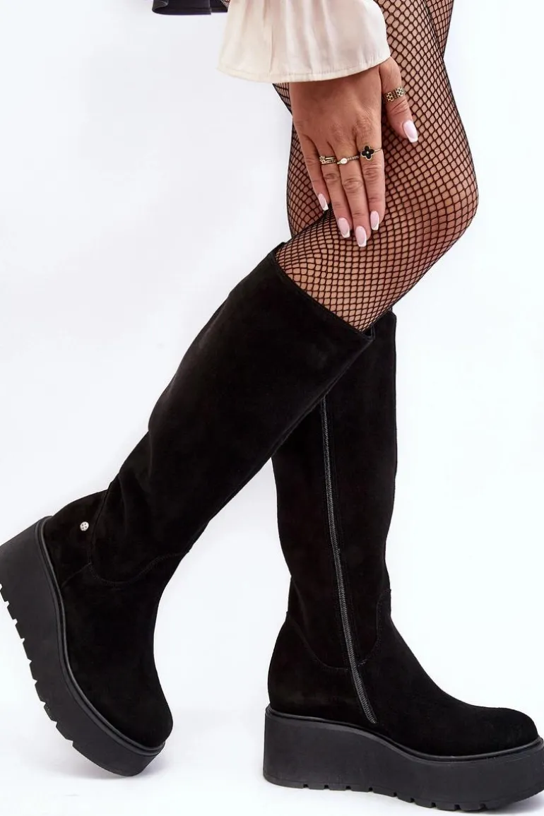 Damskie Zamszowe Kozaki Na Koturnie Maciejka 05767-01 Czarne