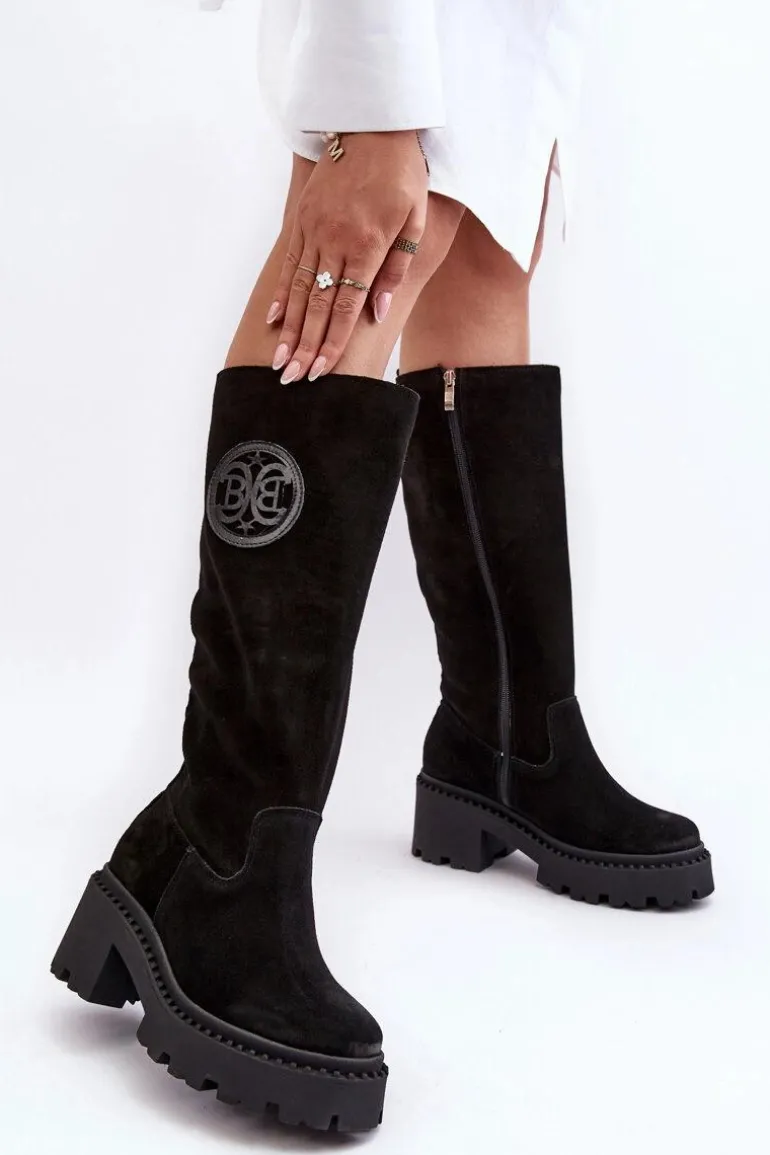 Damskie Zamszowe Kozaki Przed Kolano Czarne Lewski 3367