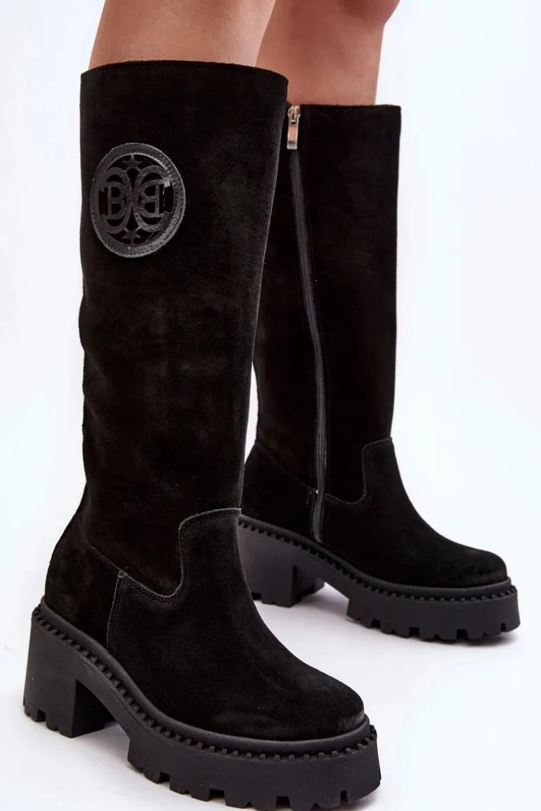 Damskie Zamszowe Kozaki Przed Kolano Czarne Lewski 3367