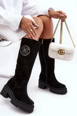 Damskie Zamszowe Kozaki Przed Kolano Czarne Lewski 3367