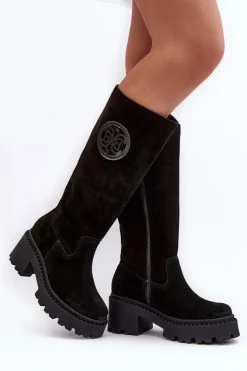 Damskie Zamszowe Kozaki Przed Kolano Czarne Lewski 3367