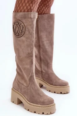 Damskie Zamszowe Kozaki Przed Kolano Ciemnobeżowe Lewski 3367