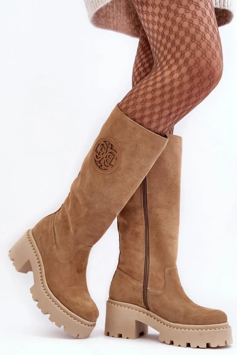 Damskie Zamszowe Kozaki Przed Kolano Beżowe Lewski 3367
