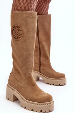 Damskie Zamszowe Kozaki Przed Kolano Beżowe Lewski 3367