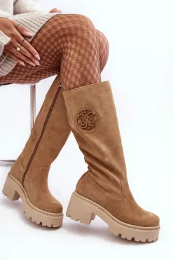 Damskie Zamszowe Kozaki Przed Kolano Beżowe Lewski 3367