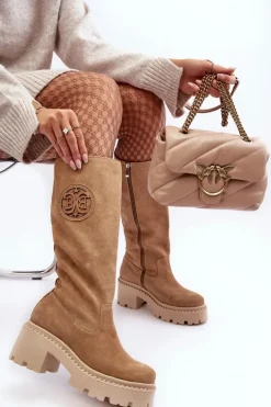 Damskie Zamszowe Kozaki Przed Kolano Beżowe Lewski 3367
