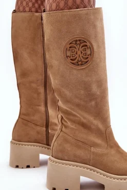 Damskie Zamszowe Kozaki Przed Kolano Beżowe Lewski 3367