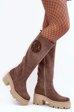 Damskie Zamszowe Kozaki Przed Kolano Brązowe Lewski 3367
