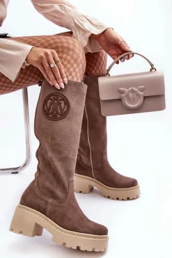 Damskie Zamszowe Kozaki Przed Kolano Brązowe Lewski 3367