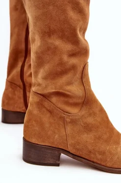 Damskie Zamszowe Kozaki Za Kolano Na Płaskim Obcasie Camel Hewanella