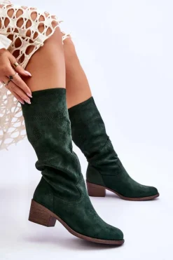 Damskie Zamszowe Kozaki Z Ażurowym Wzorem Zielone Enrissa